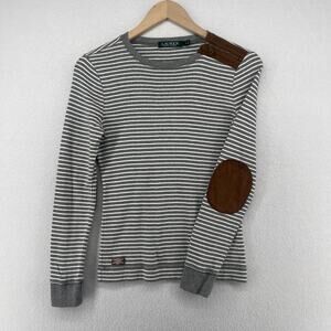 LAUREN RALPH LAUREN Top Womens S Jersey Striped Suede Elbow Patches Cotton Gray